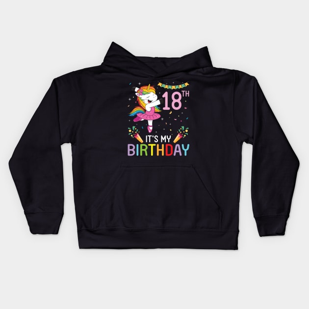 Unicorn Dancing Congratulating 18th Time It's My Birthday 18 Years Old Born In 2003 Kids Hoodie by bakhanh123